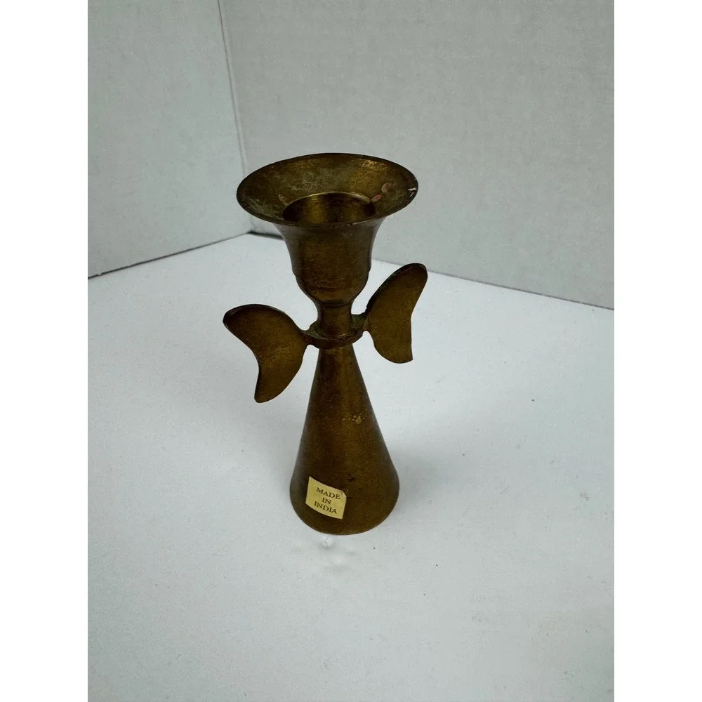 Vintage Brass Angel Candle Holder and Snuffer Set Made in India Gold Taper 2pc